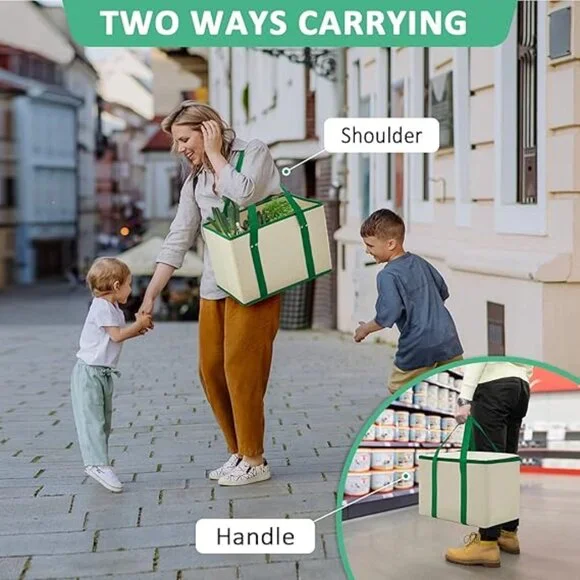 3Pack Reusable Grocery Bags w/ Reinforced Bottom & Handles(1-Tote + 2-Insulated) - Picture 6 of 13